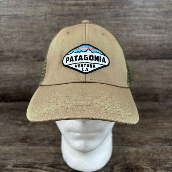 Patagonia Hat Cap Snap Back Tan Green Trucker Mesh Patch Ventura CA Mens - Picture 1 of 5